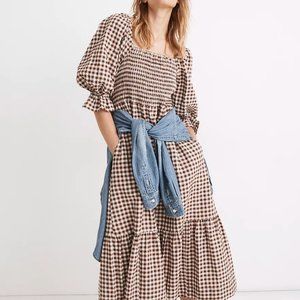 Madewell Dress - Lucie Elbow-Sleeve Smocked Midi Dress in Gingham - Small / S